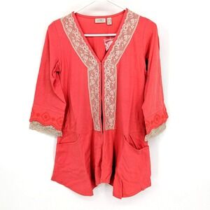LOGO by Lori Goldstein Cotton Modal Cardigan w/ Lace Vibrant Coral Women's XXS